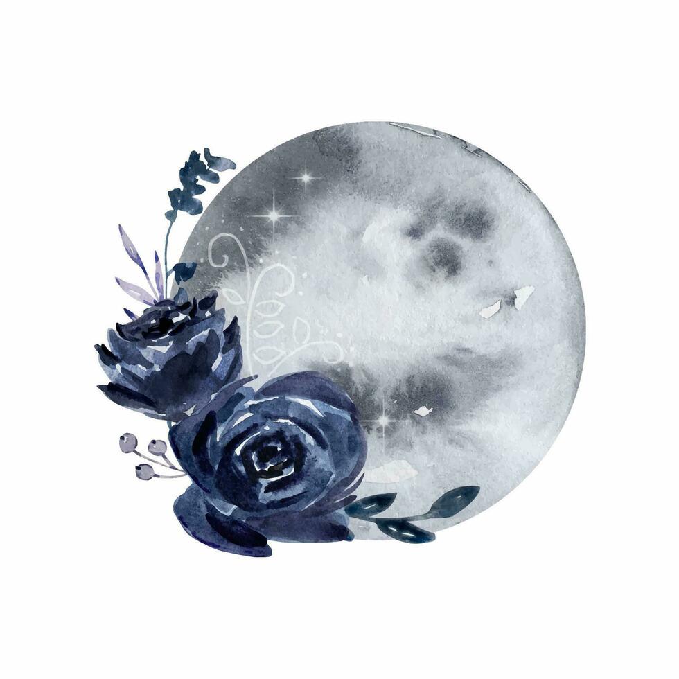 acquerello Luna con fiori mazzo, mistico vettore