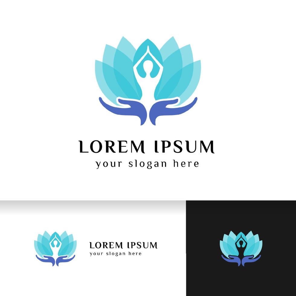 stock di design del logo yoga in stile colore sovrapposto. meditazione umana nel fiore di loto con illustrazione vettoriale di cura delle mani