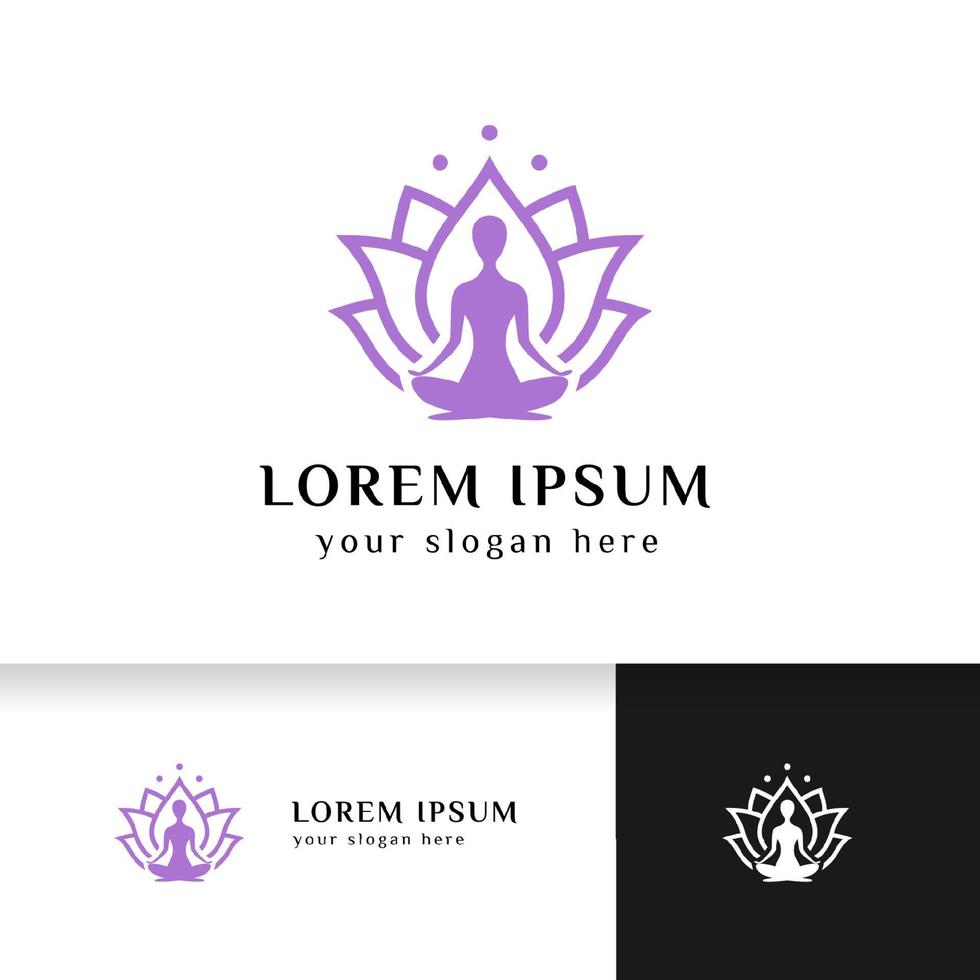 stock di disegno del logo di yoga. meditazione umana nell'illustrazione vettoriale del fiore di loto in colore viola