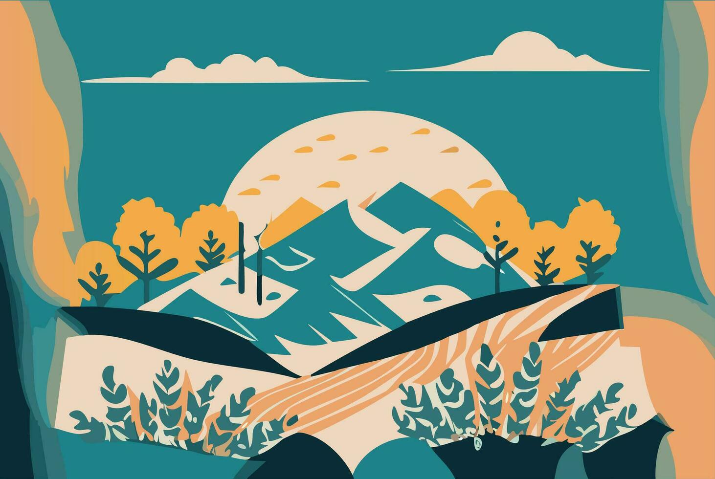impaurito arancia boho minimo paesaggio illustrazione natura montagne astratto arte vettore
