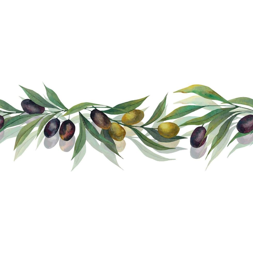 senza soluzione di continuità acquerello confine con olive. acquerello mano disegnato illustrazione. un illustrazione di un oliva disegnato a mano su un isolato sfondo. oliva rami. per menù, confezione design. vettore