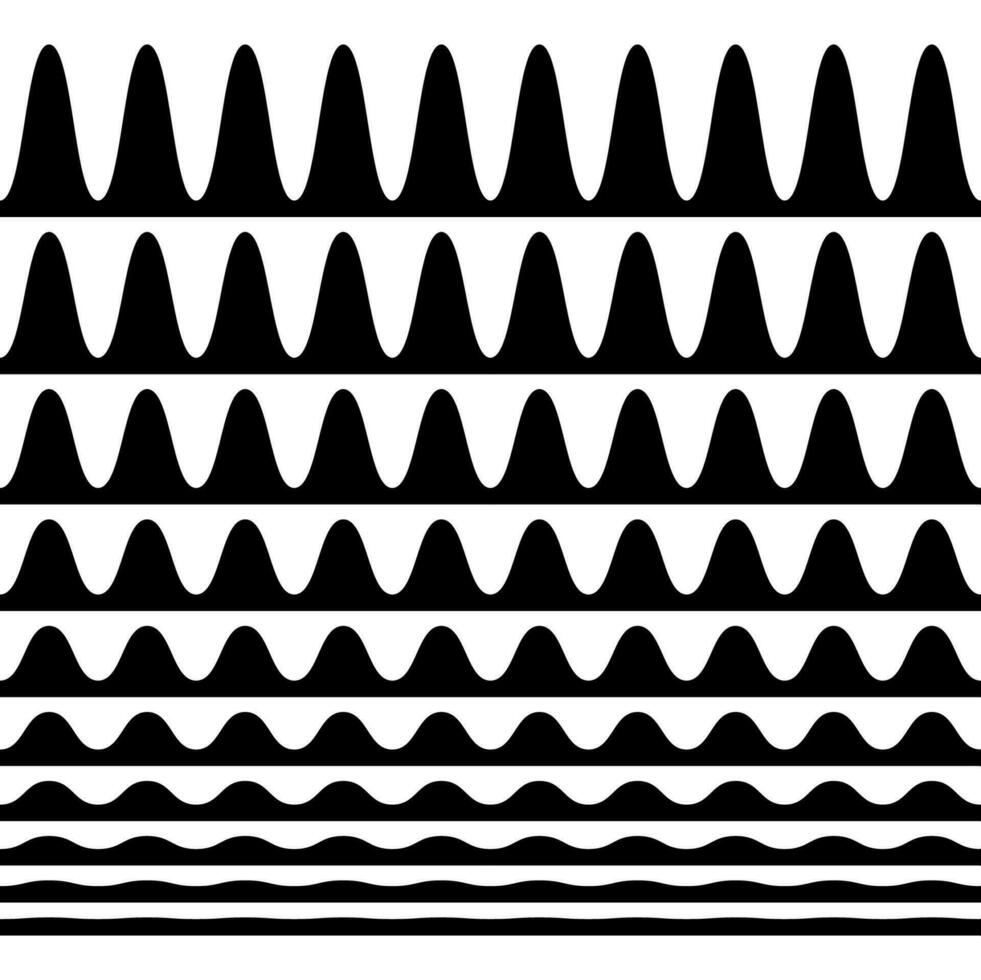 un' collezione di ondulato zigzag orizzontale wiggly linee, senza soluzione di continuità frontiere, e liscio e angolare grafico design elementi impostato su un' bianca sfondo. vettore