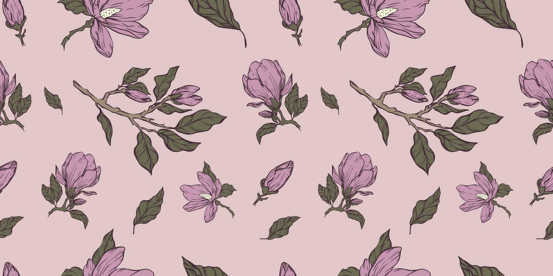 magnolia fiore linea senza soluzione di continuità modello. mano disegnato colorato nozze erba ornamento, elegante le foglie per invito Salva il Data carta, saluto carte, Stampa su tessuto, sfondi, scrapbooking, regalo avvolgere. vettore