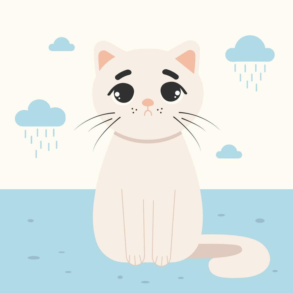 triste gatto e nuvole con pioggia blu occhiali da sole e colori. tristezza e depressione concetto. vettore