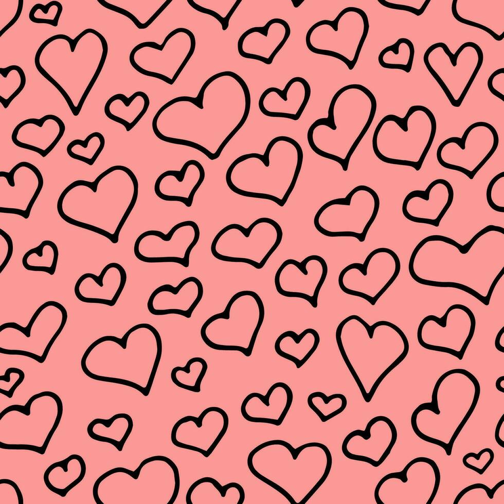 carino cuori modello. vettore senza soluzione di continuità sfondo per santo san valentino giorno, nozze, Data. mano disegnato cuori ripetere illustrazione. scarabocchio amore simboli nero e rosa Stampa