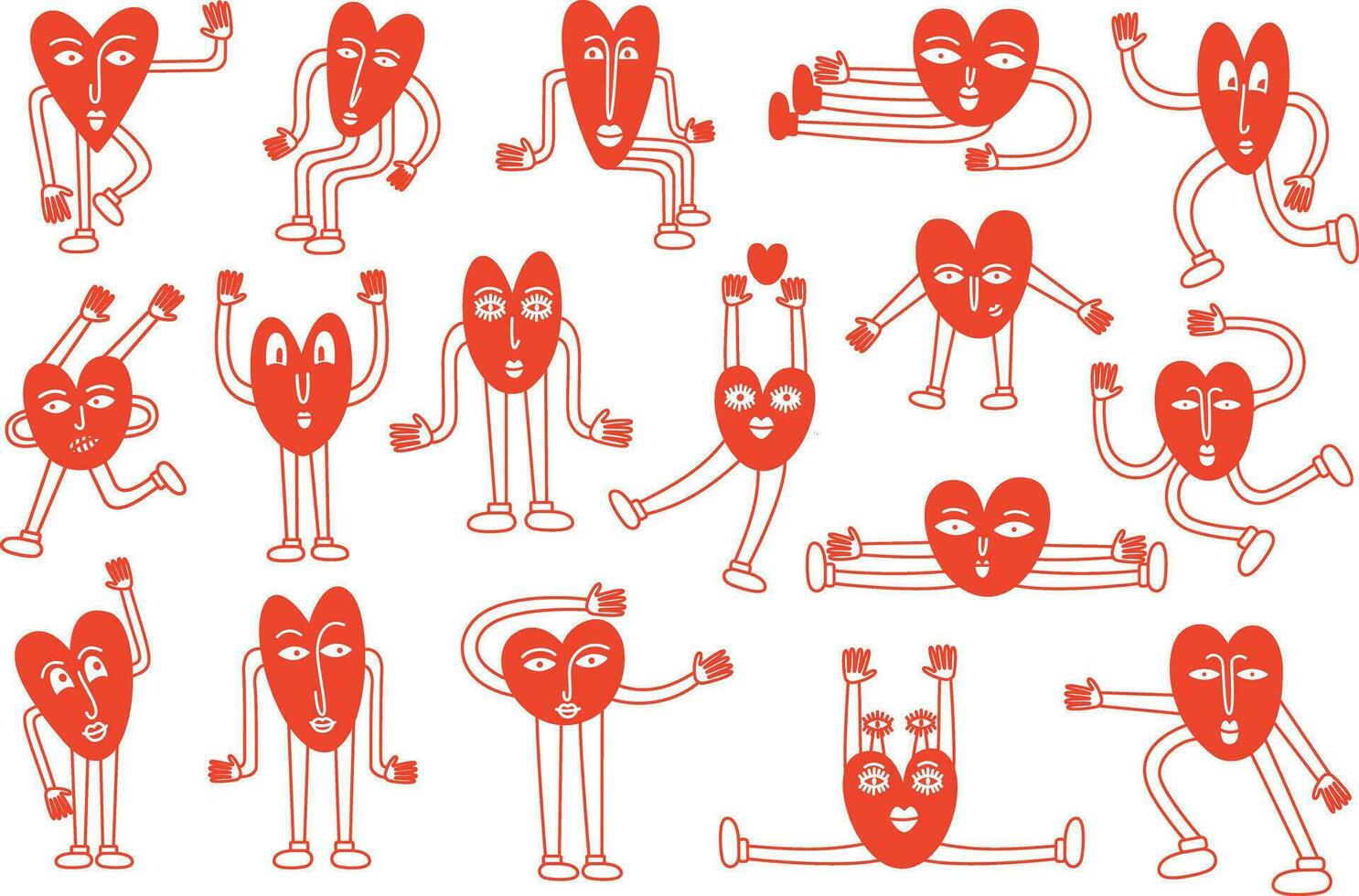 rosso divertente retrò luminosa Groovy cuore, illustrazione di giocoso amore cuori per san valentino giorno nel linea stile vettore