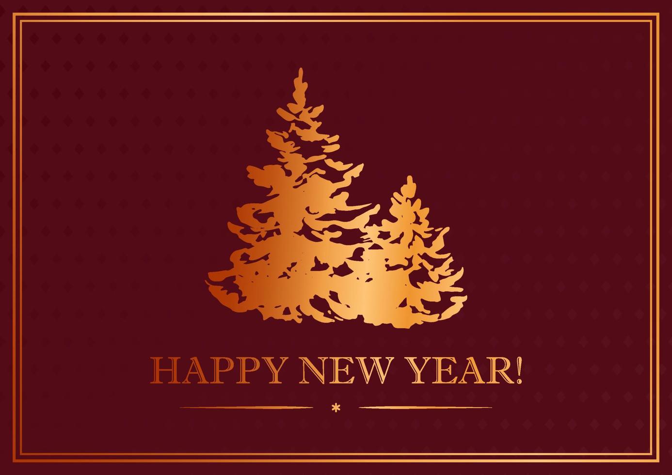 elegante design orizzontale di natale e capodanno con albero di natale disegnato a mano dorato su sfondo rosso scuro. illustrazione vettoriale per banner, biglietto di auguri, copertina, ecc