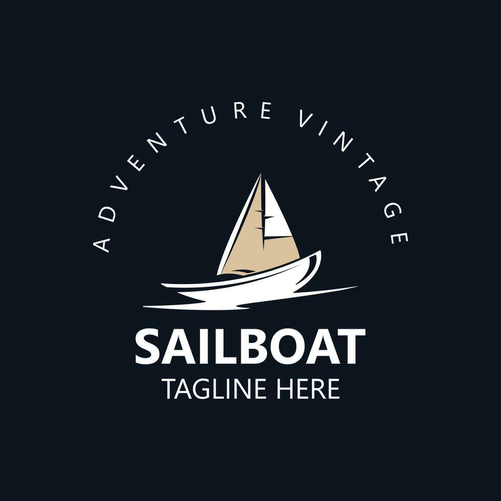 barca a vela Vintage ▾ logo minimalista con onda, viaggio yatch o andare in barca barca vettore design