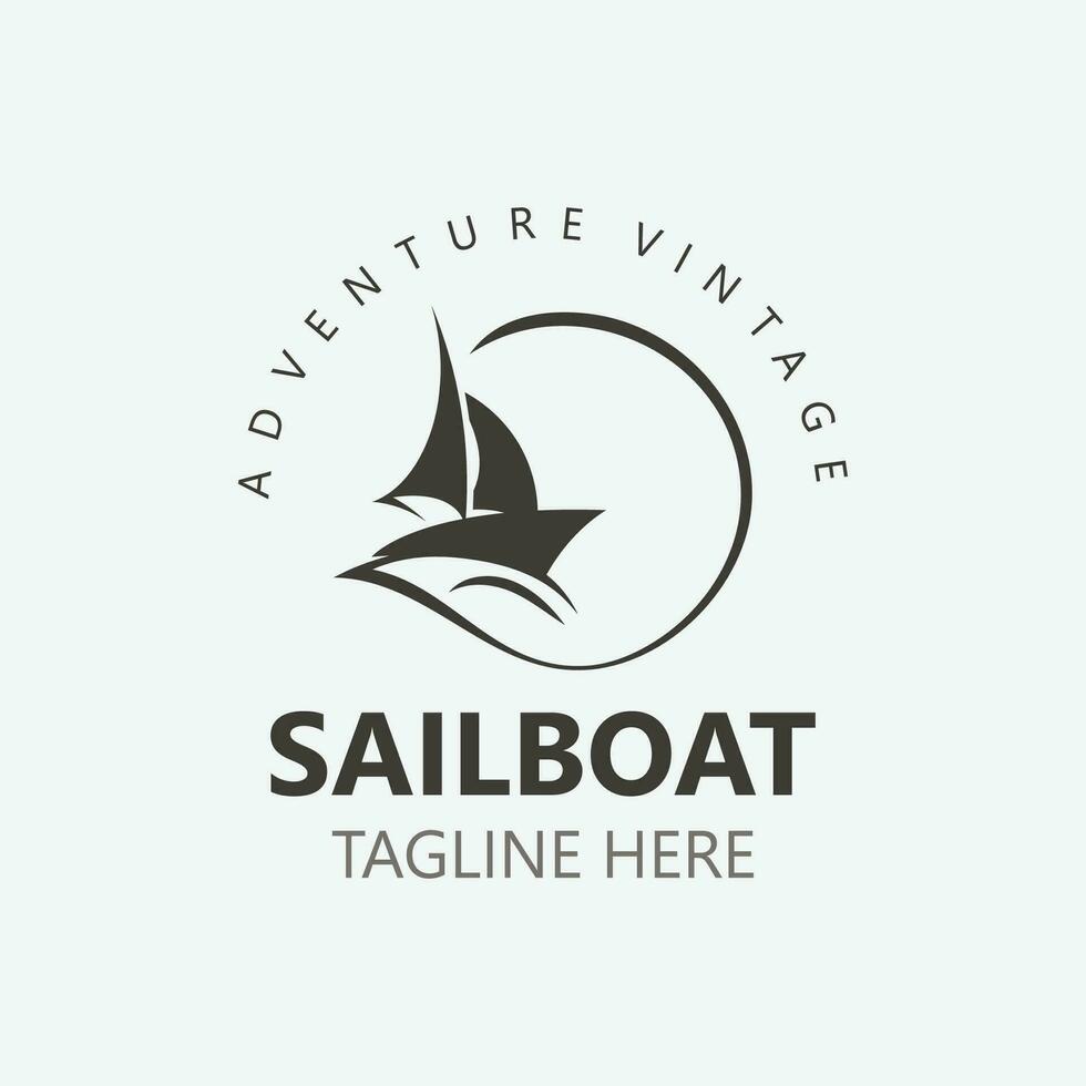 barca a vela Vintage ▾ logo minimalista con onda, viaggio yatch o andare in barca barca vettore design