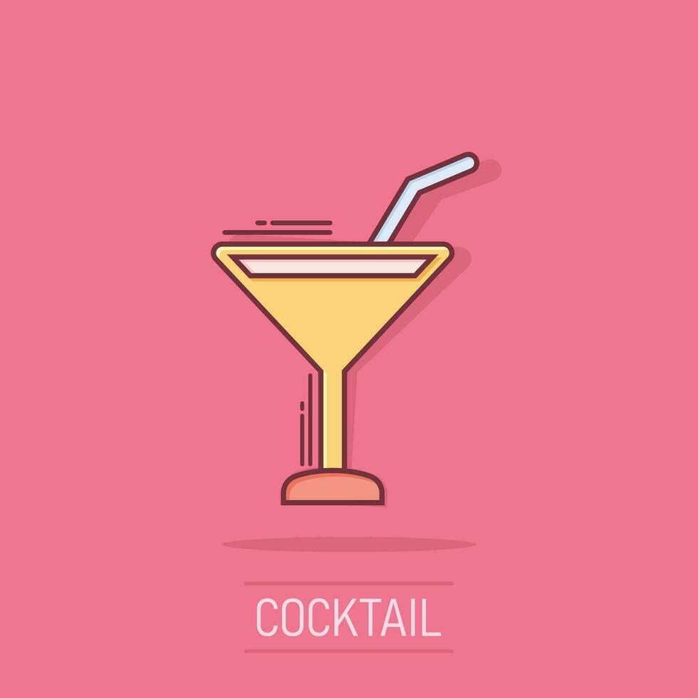 alcool cocktail icona nel comico stile. bevanda bicchiere vettore cartone animato illustrazione su bianca isolato sfondo. Martini liquido attività commerciale concetto spruzzo effetto.