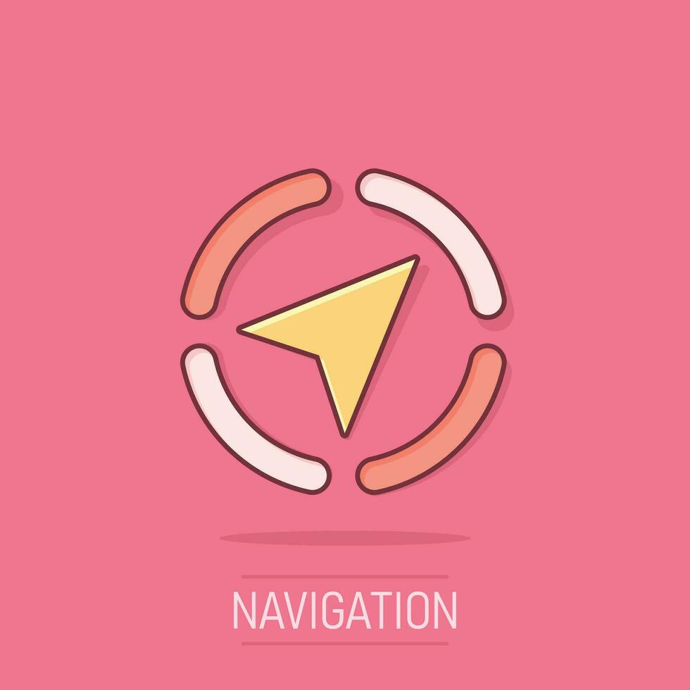 globale navigazione icona nel comico stile. bussola GPS vettore cartone animato illustrazione su bianca isolato sfondo. Posizione scoperta attività commerciale concetto spruzzo effetto.