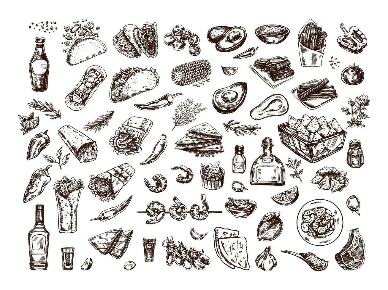 disegnato a mano impostato di realistico messicano piatti e prodotti. Vintage ▾ schizzo disegni di latino americano cucina. vettore inchiostro illustrazione. messicano cultura. latino America.