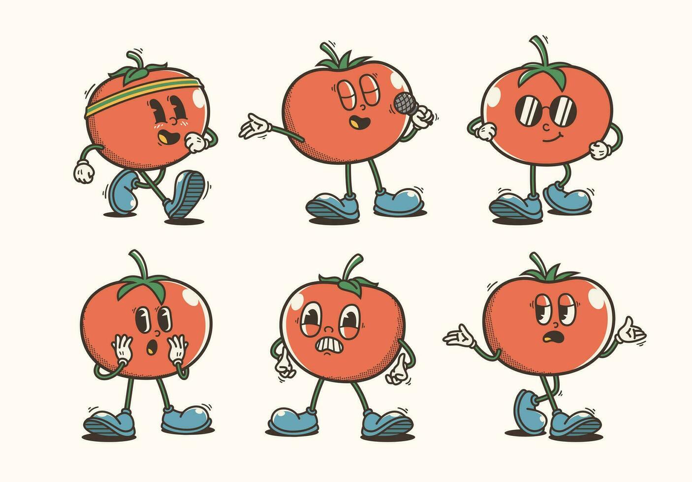 impostato di tradizionale pomodoro cartone animato illustrazione con varia pose e espressioni vettore