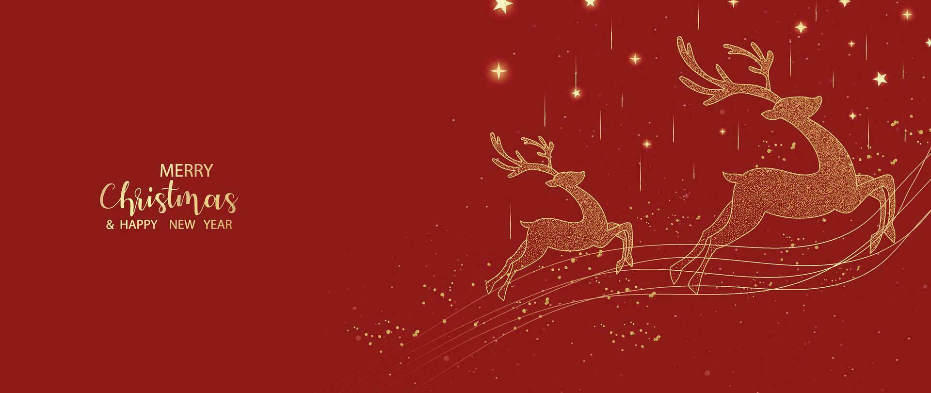 lusso Natale e contento nuovo anno concetto sfondo vettore. elegante luccicante oro Natale renna decorato con scintillio stella su rosso sfondo. design per sfondo, carta, coperchio, manifesto. vettore