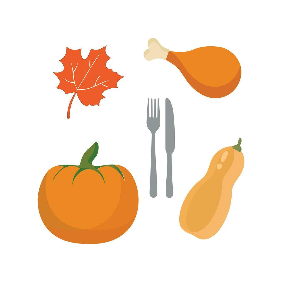 ringraziamento icone. autunno elementi con arrosto tacchino. zucca, pellegrino cappello, torta, la verdura, frutta. autunno vacanza stagione. vettore illustrazione