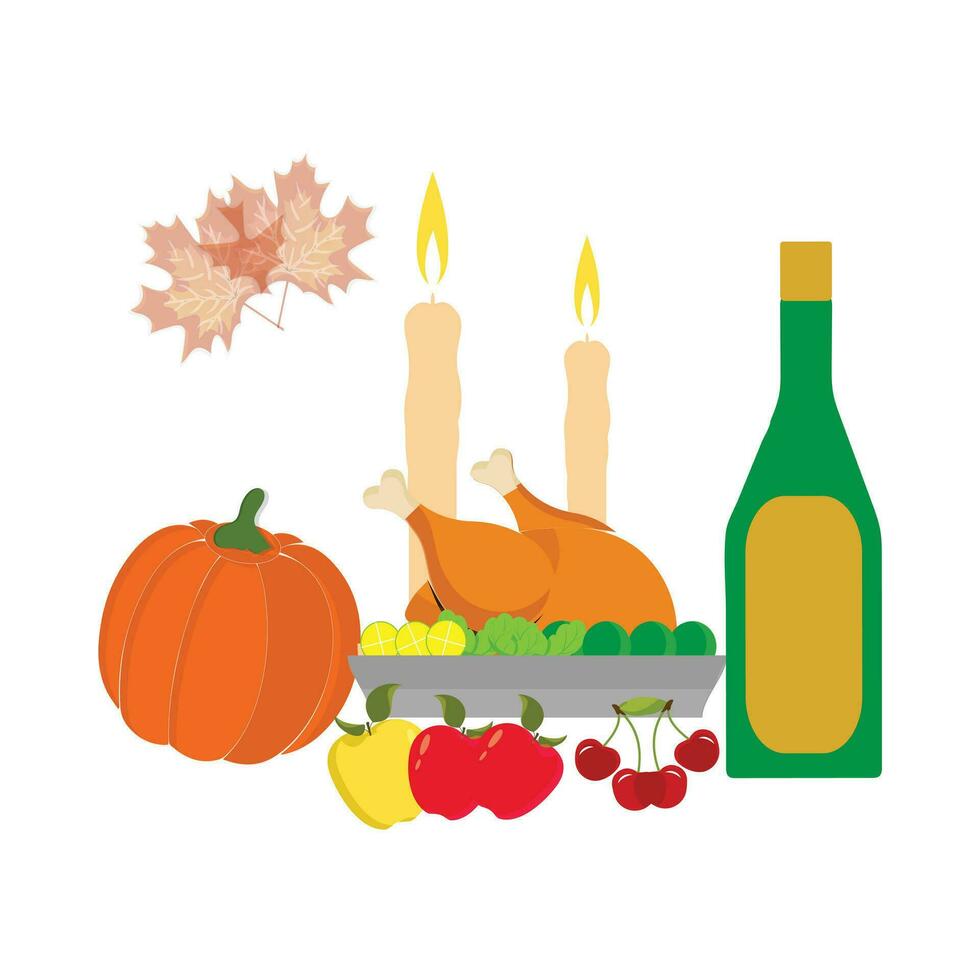 ringraziamento icone. autunno elementi con arrosto tacchino. zucca, pellegrino cappello, torta, la verdura, frutta. autunno vacanza stagione. vettore illustrazione