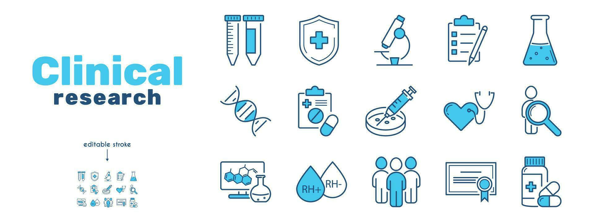 clinico studia, sperimentazioni, ricerche linea icona impostare. confronto gruppo, test persona, siringa, pillole, microscopio, prova tubi, dna, test, prescrizione, rh fattore, sangue vettore illustrazione. modificabile ictus.