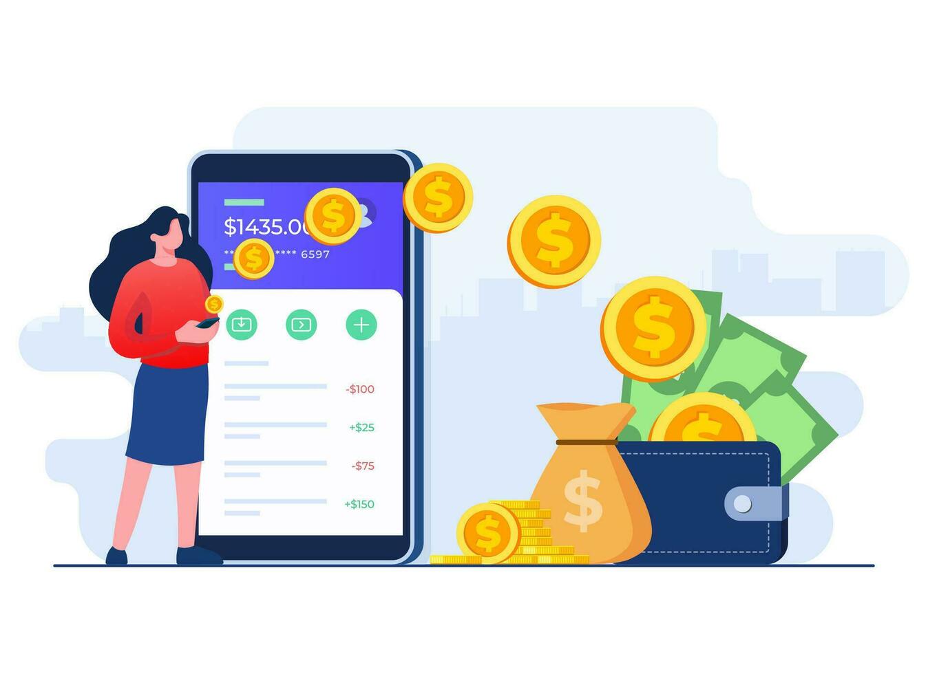 persone Spedire e ricevere i soldi attraverso mobile app, elettronico portafoglio, mobile banca transazione, sicuro i soldi trasferimento porta piatto illustrazione vettore modello, digitale bancario mobile App