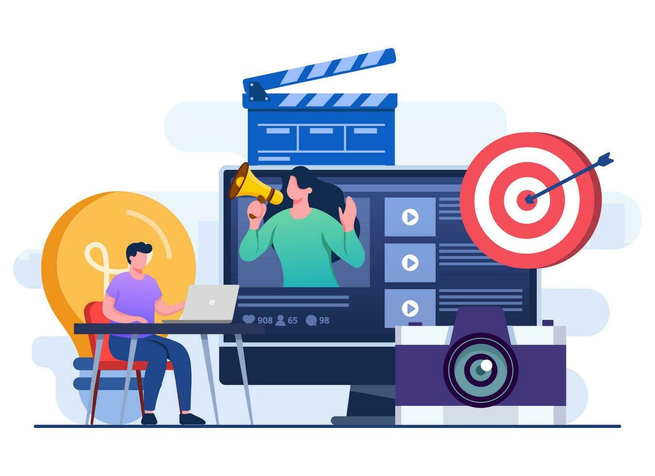 persone la creazione di video contenuto, per marketing, promozione, commercio elettronico, digitale marketing, soddisfare strategia, blog, blog, video blog, influencer marketing, annuncio, approvazione, campagna, vivere ruscello vettore