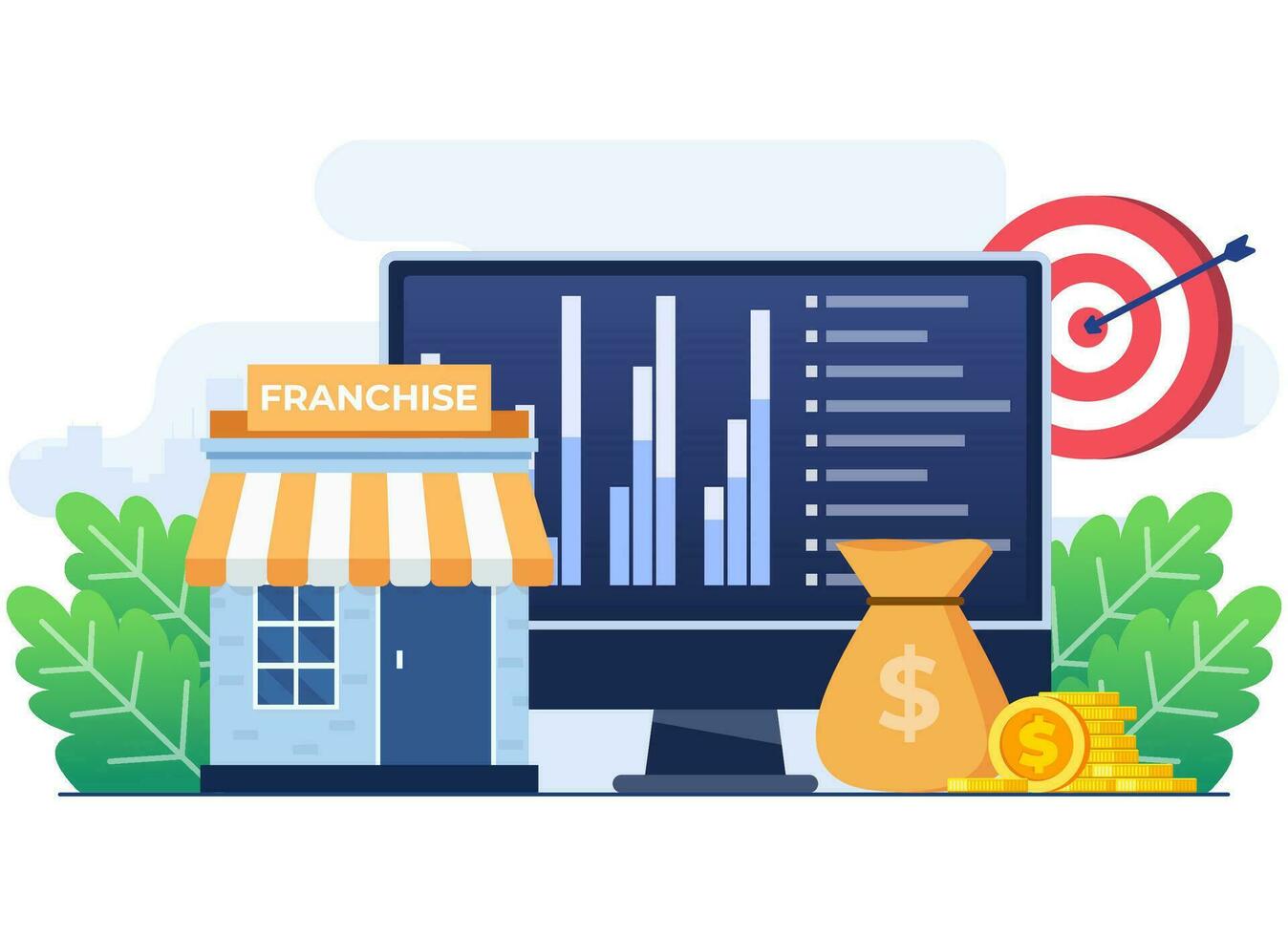 franchising attività commerciale ramo espansione piatto vettore illustrazione concetto, piccolo impresa, azienda, negozio, servizio Rete, vendite al dettaglio negozio, adatto per ui, mobile app, sito web striscione, atterraggio pagina