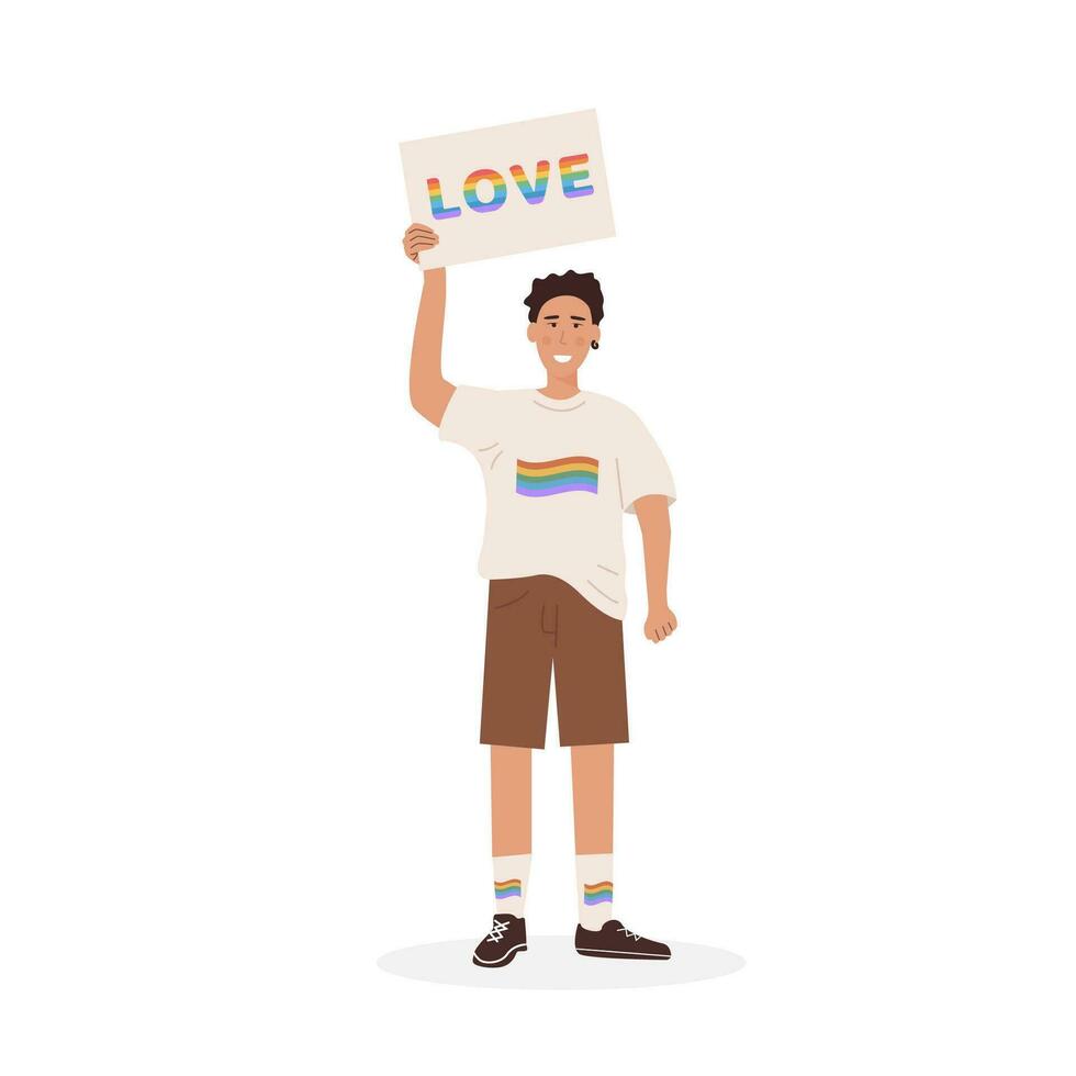 un' gay nel camicia con arcobaleno bandiera e altro strano simboli a orgoglio parata Tenere cartellone con stesso sesso cartello. uomini a dimostrazione per pari diritti. LGTB attivista. vettore piatto personaggio su bianca.
