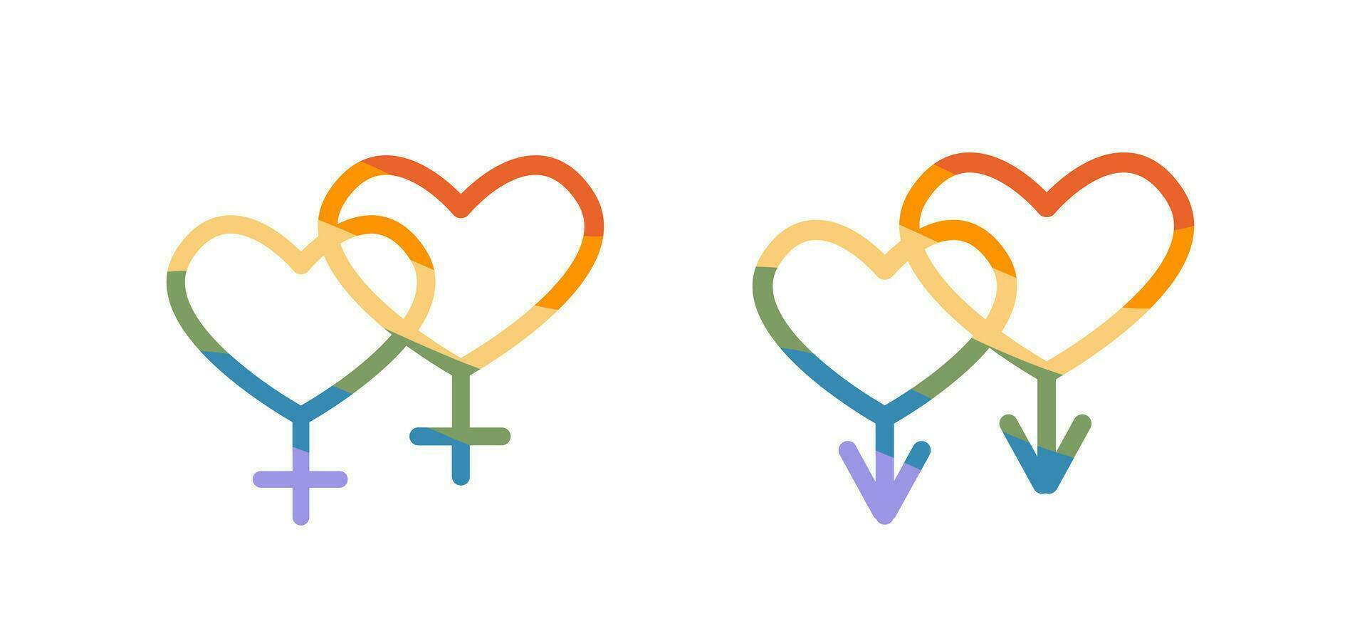 stesso sesso segni nel lgbt arcobaleno bandiera colori. LGBTQ matrimonio. omosessuale coppia. orgoglio mese supporto piatto stile icone. strano Comunità. gay parata. vettore piatto stile illustrazione.