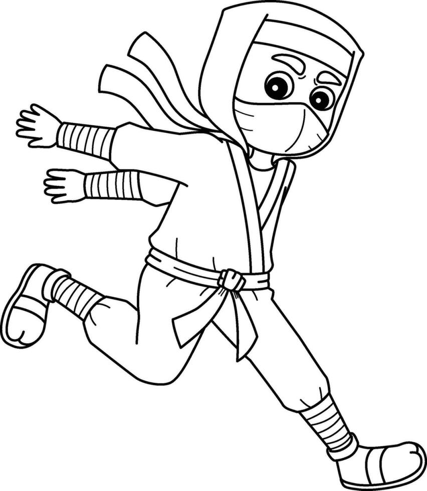 ninja in esecuzione isolato colorazione pagina per bambini vettore