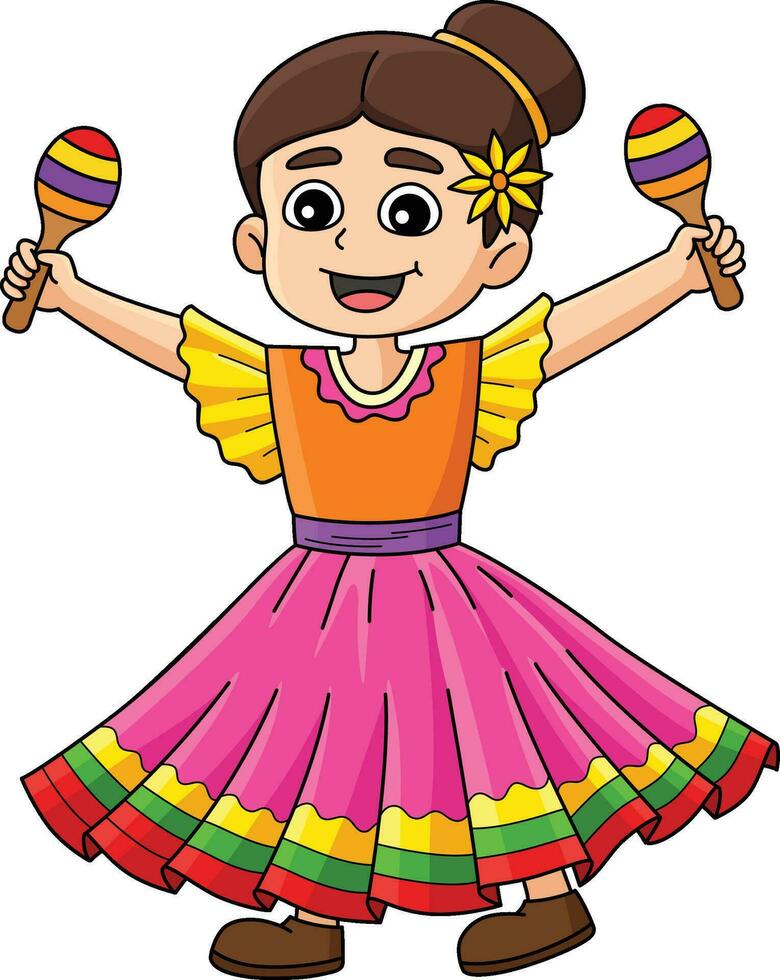 messicano ragazza con maracas cartone animato colorato clipart vettore