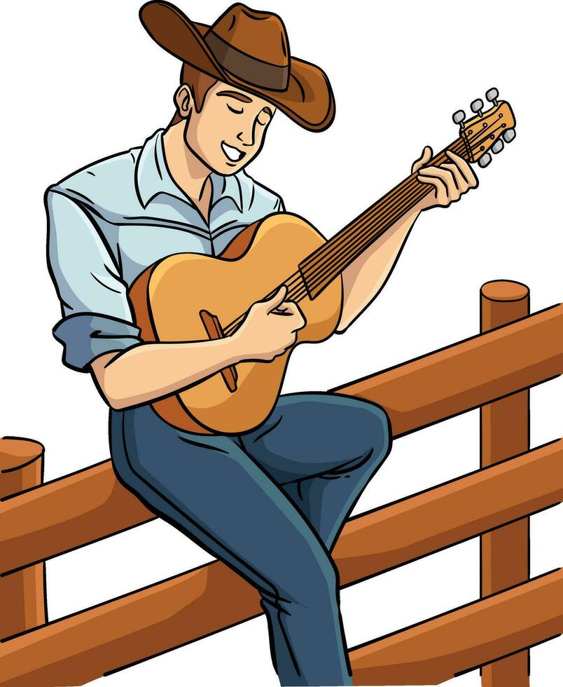 cowboy giocando chitarra cartone animato colorato clipart vettore