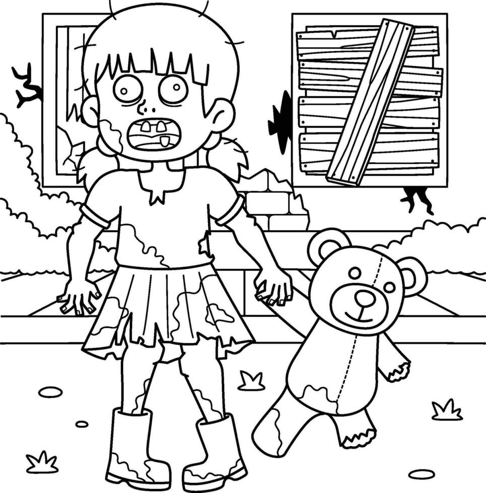 zombie bambino con plushie colorazione pagina per bambini vettore