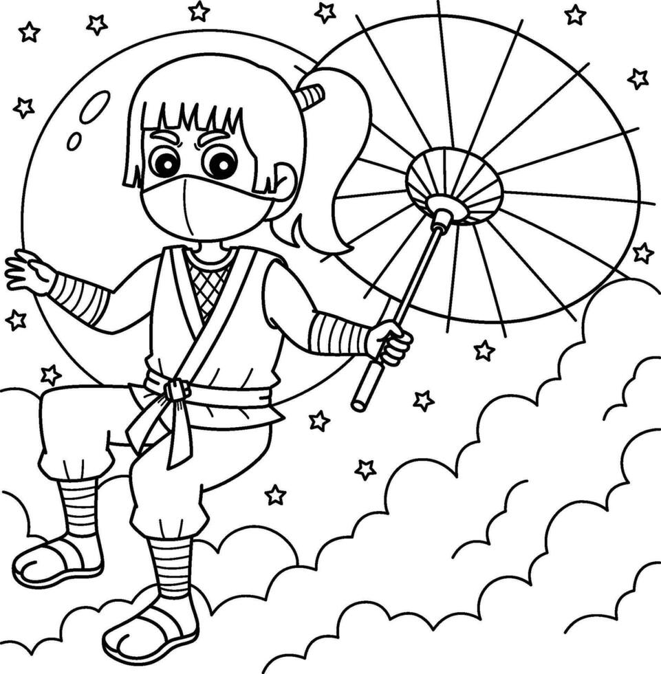 ninja kunoichi Tenere un ombrello colorazione pagina vettore