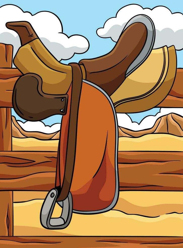 cowboy cavallo equitazione sella colorato cartone animato vettore