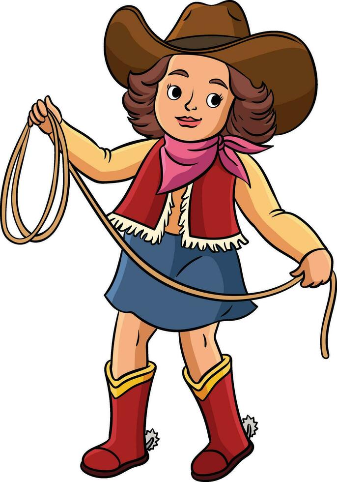 cowboy ragazza con un' corda cartone animato colorato clipart vettore