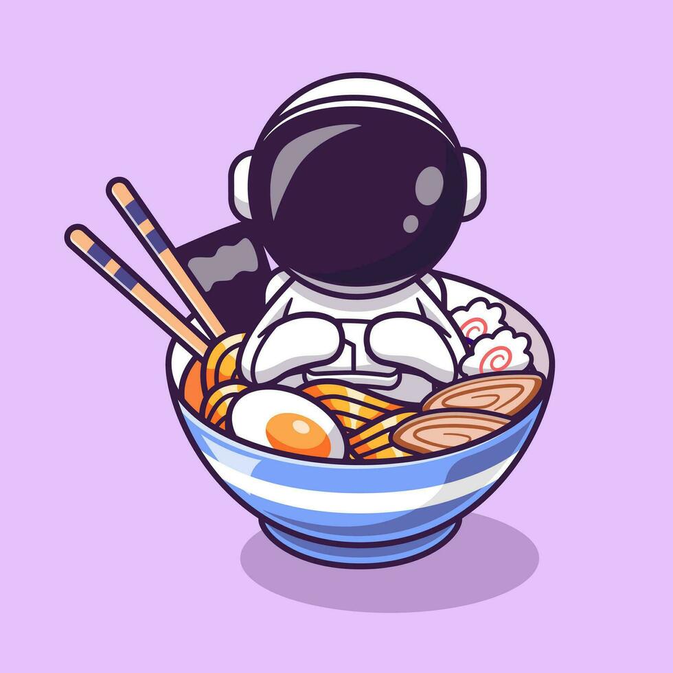 carino astronauta nel ciotola di ramen spaghetto cartone animato vettore icona illustrazione. scienza cibo icona concetto isolato premio vettore. piatto cartone animato stile