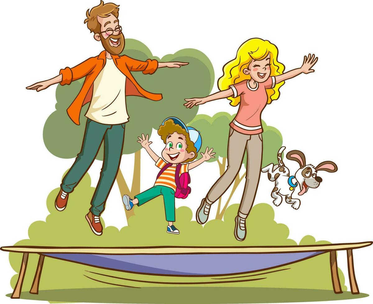 contento vettore.famiglia illustrazione di famiglia salto su il trampolino vettore
