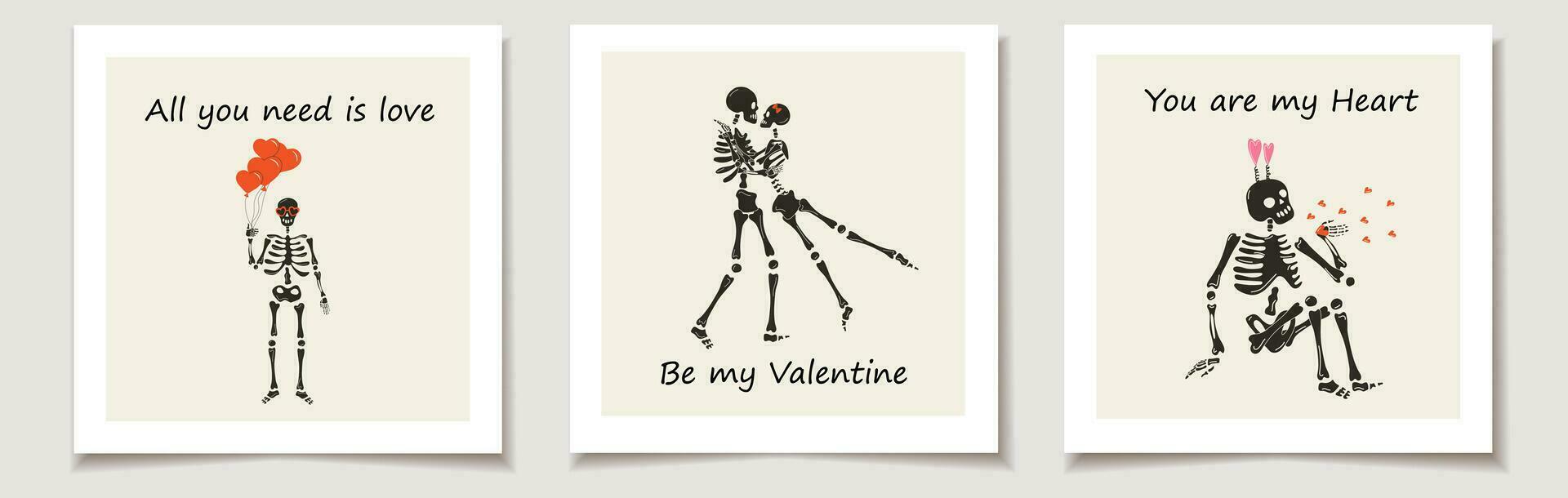 impostato di San Valentino giorno carte con scheletro con arredamento per San Valentino giorno. amore, San Valentino giorno vettore