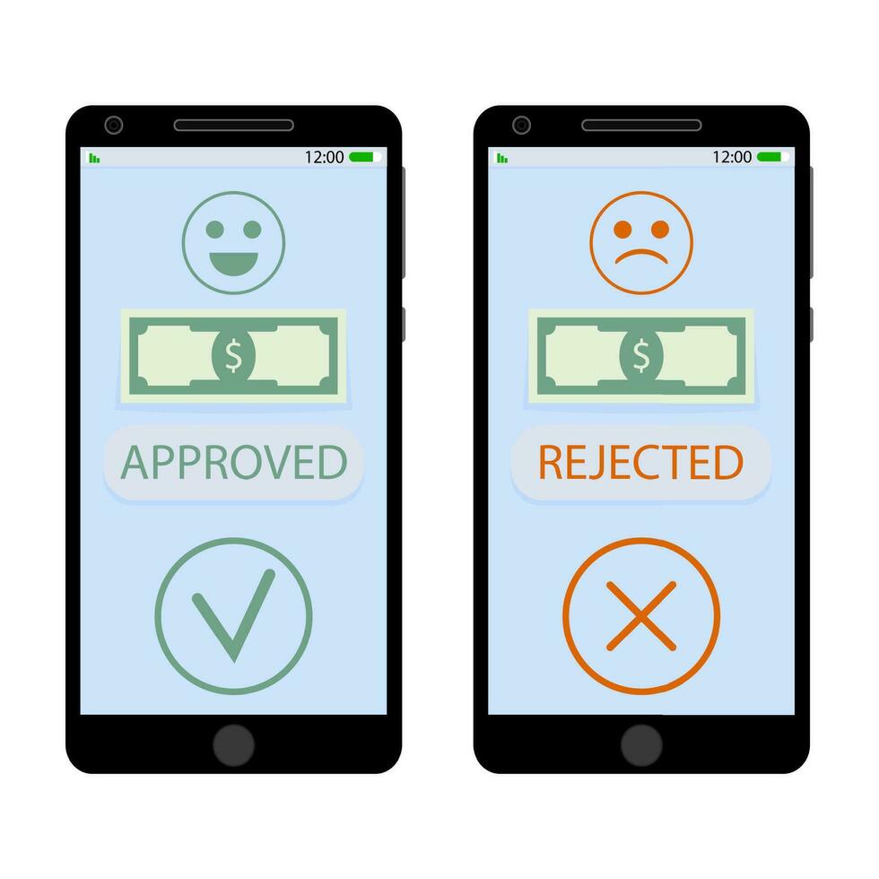 approvato e respinto pagare su smartphone. ottenere i soldi su mobile app, approvare e negare. vettore illustrazione