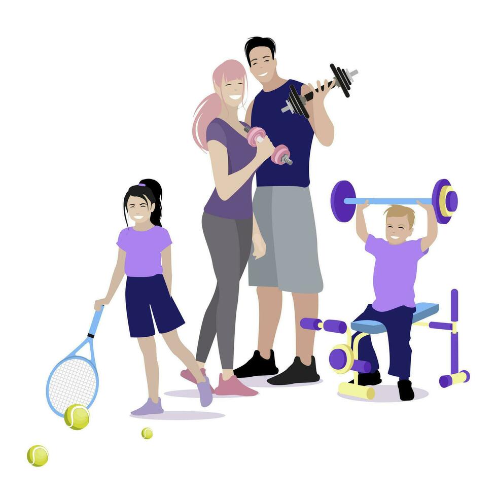 sport famiglia fare fitness, concetto di salutevita. sport padre e madre con bambini fare esercizio nel palestra. vettore illustrazione. fisico formazione per essere forte