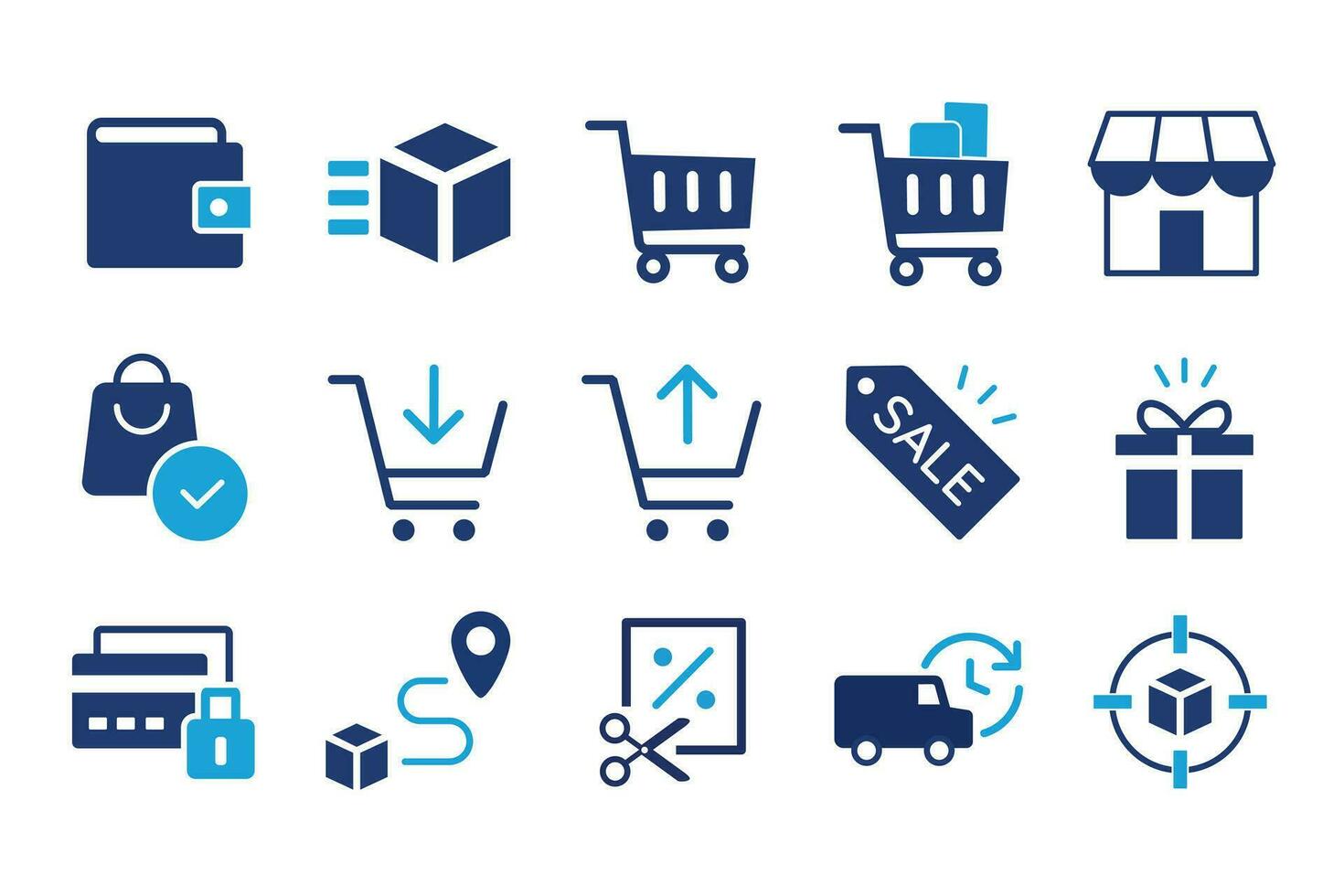 e-commerce mercato icona impostare. in linea shopping e consegna elementi. e-business simbolo. solido icone vettore collezione.