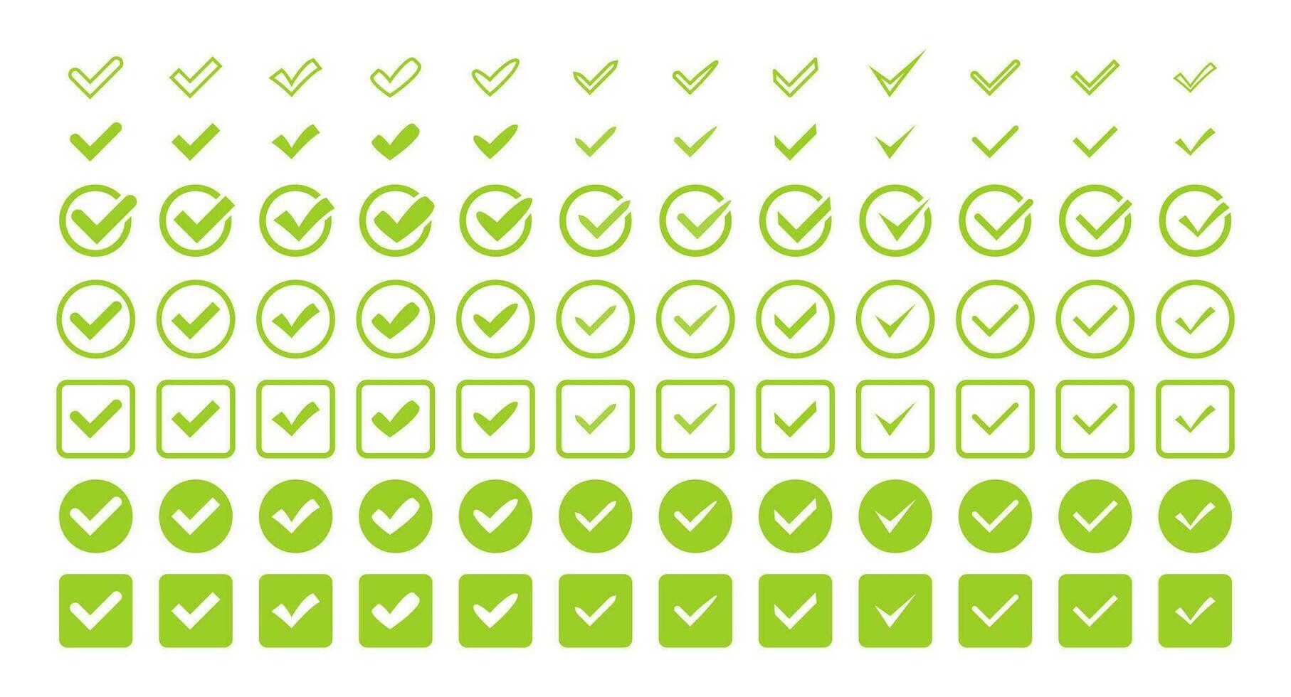 impostato verde dai un'occhiata marchio icona. sì cartello, approvato icona. successo accettare, essere d'accordo su applicazione. vettore azione illustrazione