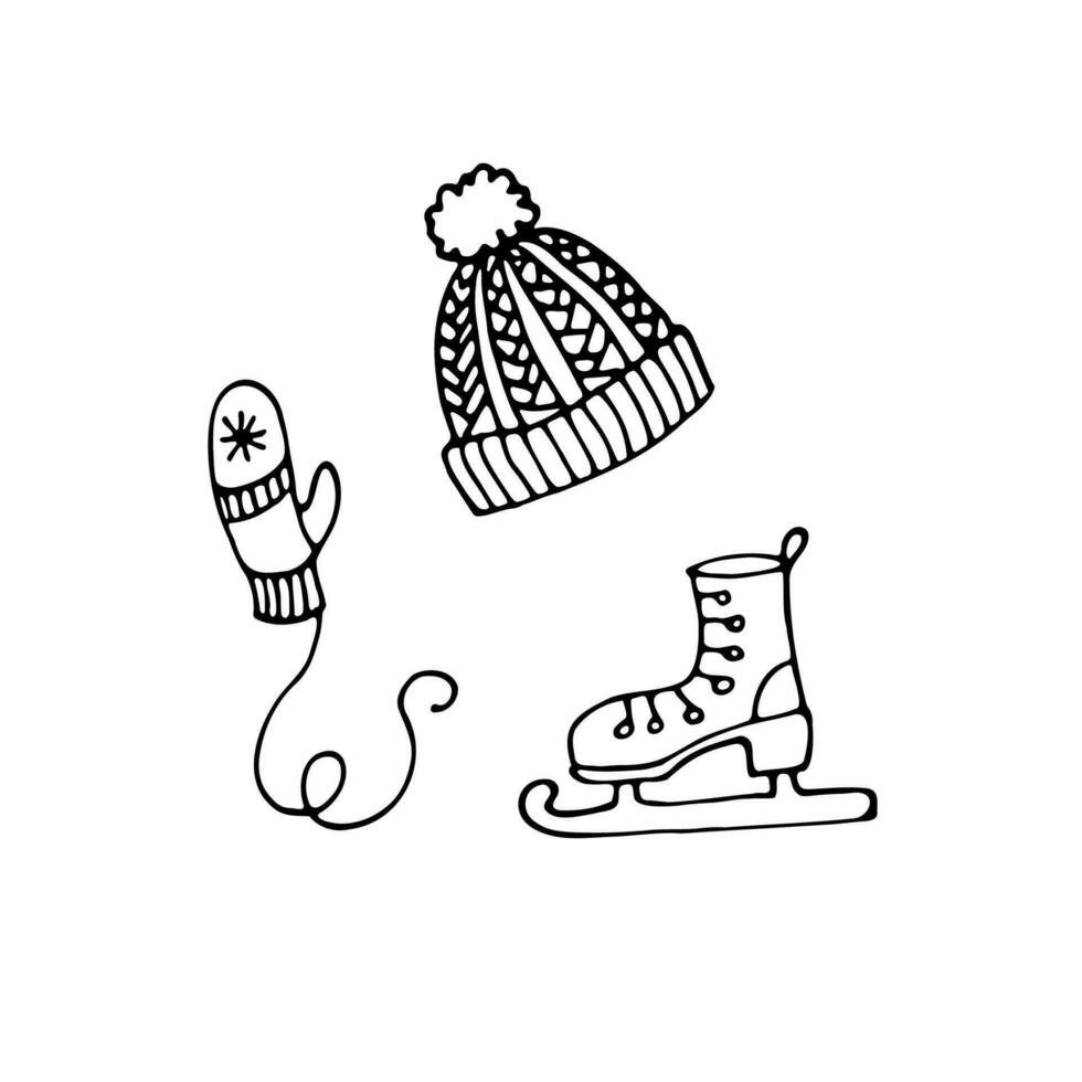 vettore impostato di disegni su un' bianca sfondo nel un' cartone animato stile di un' cappello, guanti e figura pattini. lineare disegno di mano.
