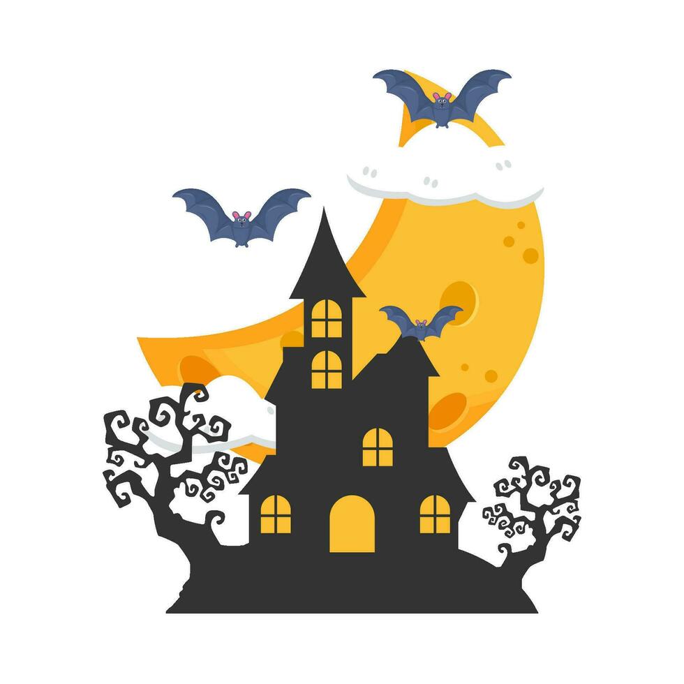 Luna, pipistrello volare, palazzo con albero illustrazione vettore