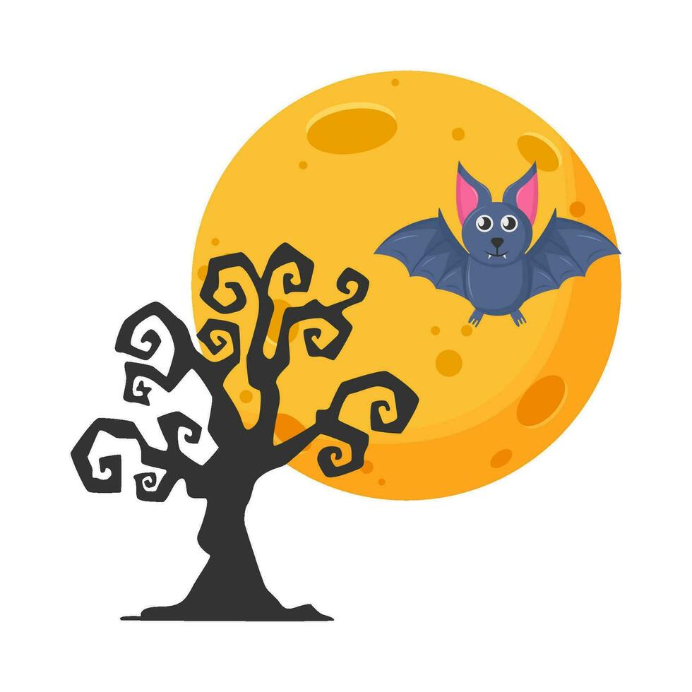 Luna, pipistrello volare con albero illustrazione vettore