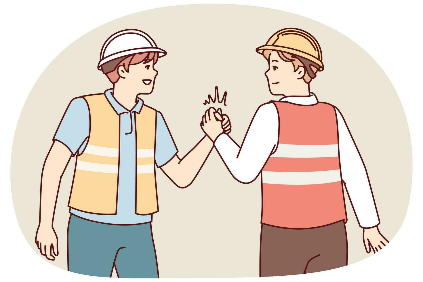 Due uomini nel uniforme di costruttori shake mani Tenere ogni altri palme strettamente.. vettore Immagine