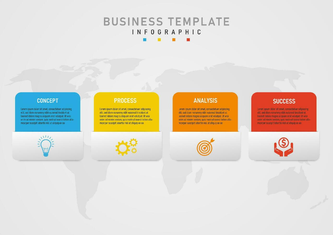 Infografica 4 passaggi per attività commerciale pianificazione semplice modello Multi colorato piazze mezzo lettera grigio parte inferiore bianca icona nel il mezzo carta geografica sotto grigio pendenza sfondo vettore