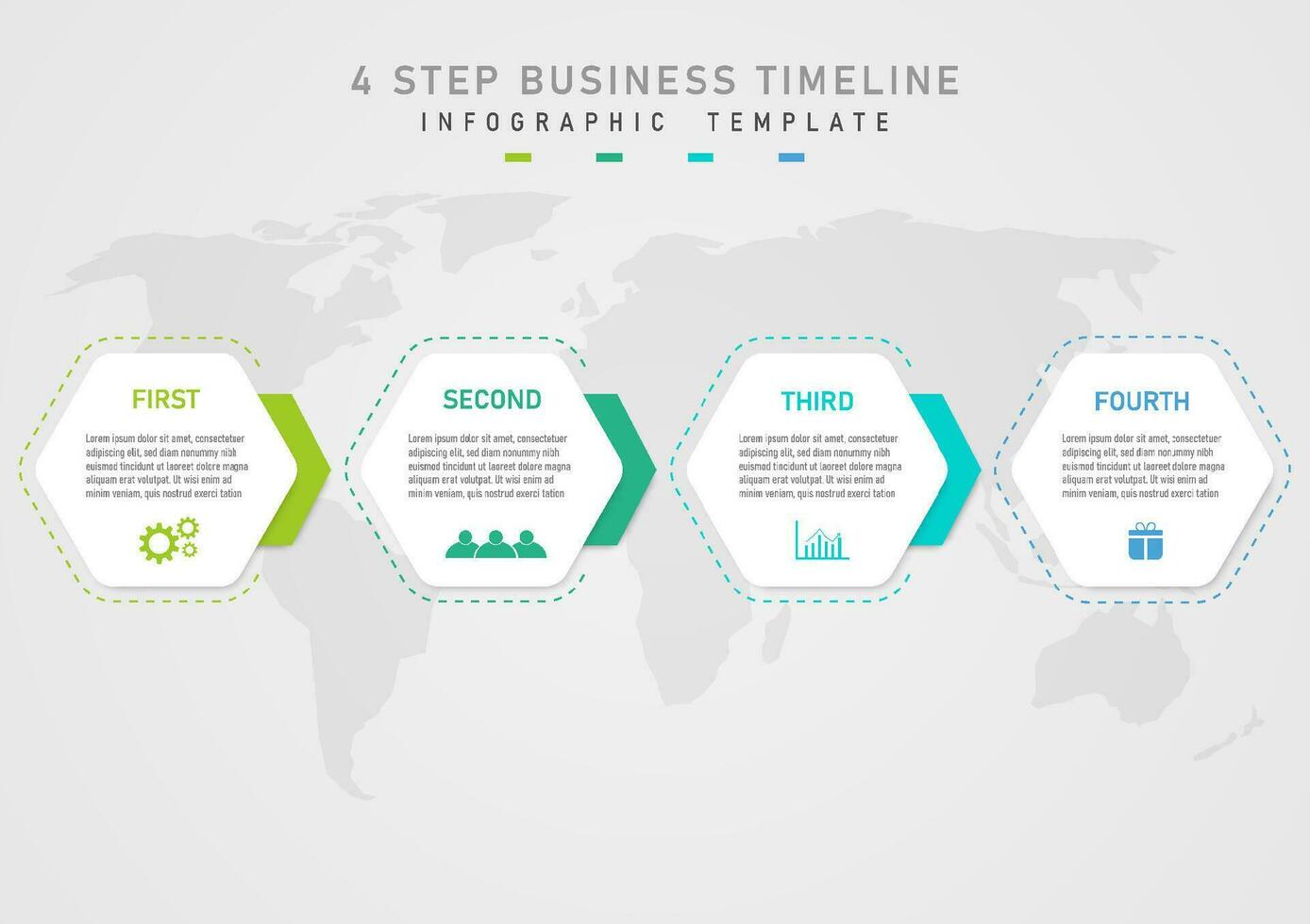 4 attività commerciale passaggi semplice Infografica modello bianca esagono lettere e icone nel il mezzo multicolore esagonale toppa schema al di fuori il parte inferiore carta geografica, grigio pendenza sfondo. vettore