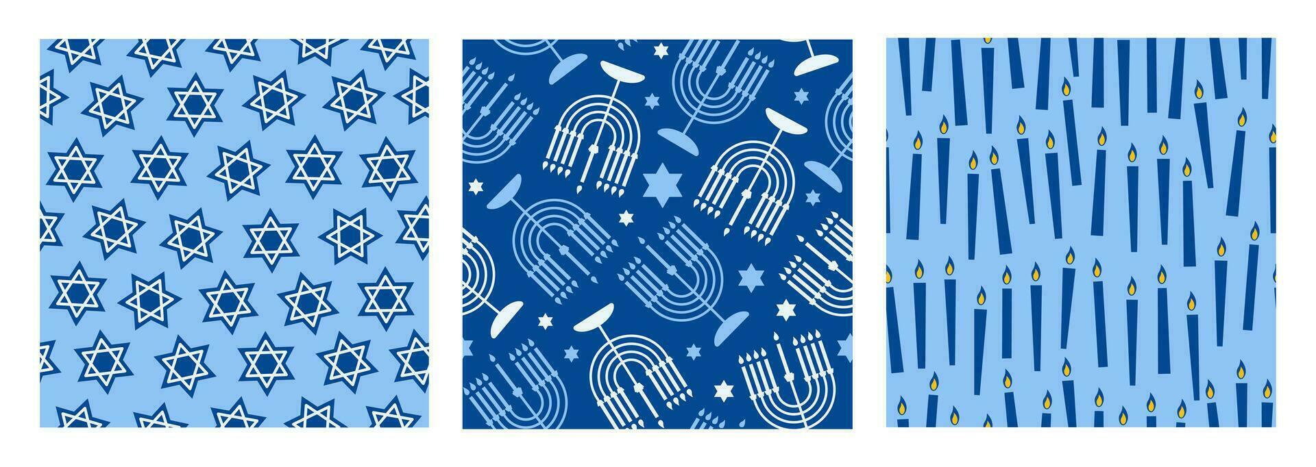 contento hanukkah impostato senza soluzione di continuità modelli con creativo simboli. moderno festivo design per sfondo, involucro carta, tessuto, striscione. blu colori. vettore illustrazione