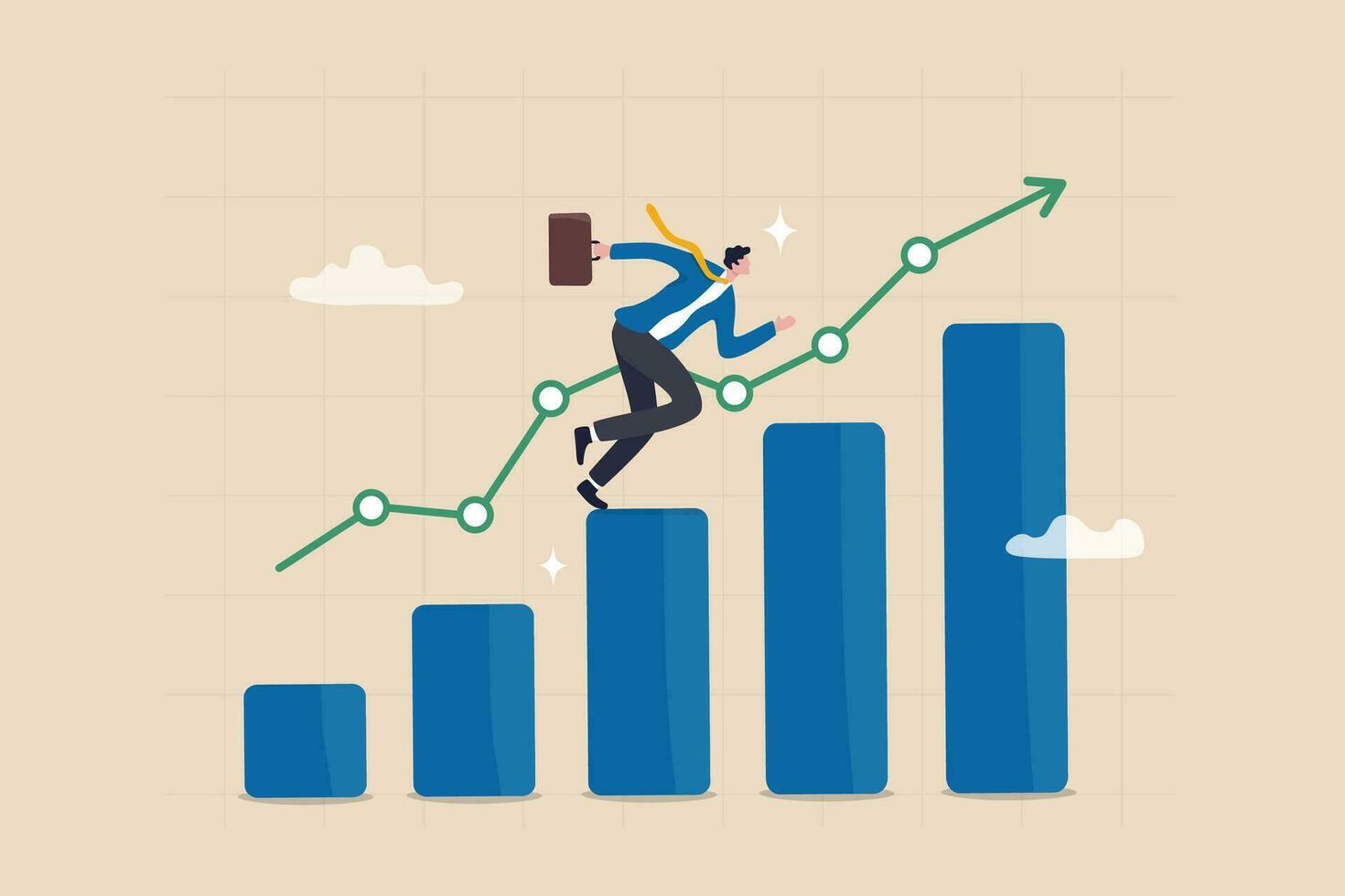 attività commerciale crescita, sfida per successo, carriera in crescita risultato, ambizione o aspirazione per raggiungere obiettivo, sviluppo sforzo, miglioramento o vincitore passo concetto, uomo d'affari in esecuzione su crescita grafico. vettore