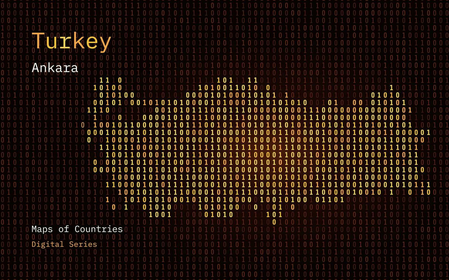 tacchino carta geografica mostrato nel binario codice modello. tsmc. oro matrice numeri, zero, uno. mondo paesi vettore mappe. digitale serie