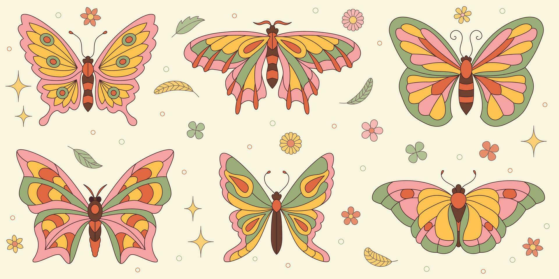 Groovy farfalla adesivi impostare. hippie 60s 70s retrò stile. giallo, rosa verde colori. vettore